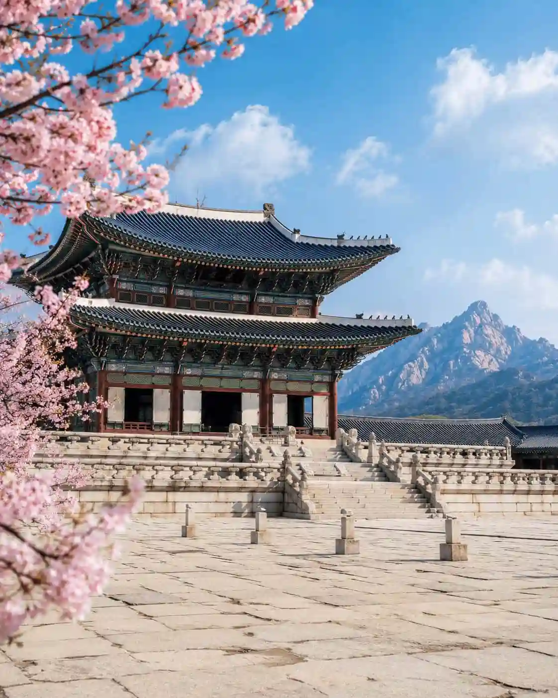 Korea tour packages from Chennai - traditional temple cherry blossoms